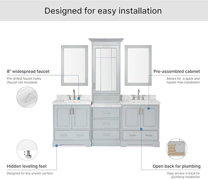 ARIEL Stafford 84-inch Bathroom Vanity with Sink,Solid Wood, 1.5-inch Italian Carrara Marble Countertop, Double Rectangular Porcelain Sink, 5 Soft Closing Doors, 6 Dovetail Drawers, Grey
