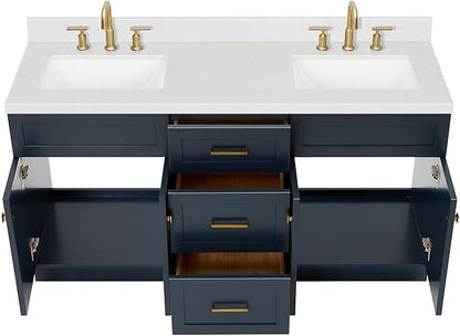 ARIEL Hamlet 66-inch Bathroom Vanity with Sink,Solid Wood, 1.5-inch Carrara White Quartz Countertop, Double Rectangular Porcelain Sink, 4 Soft Closing Doors, 3 Dovetail Drawers, Midnight Blue