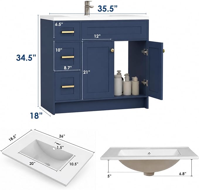 Blue Bathroom Vanity with Sink 36inch | 2 Doors and 3 Drawers | Wood Storage Basin Cabinet with Ceramic Basin for Home and Office