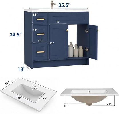 Blue Bathroom Vanity with Sink 36inch | 2 Doors and 3 Drawers | Wood Storage Basin Cabinet with Ceramic Basin for Home and Office