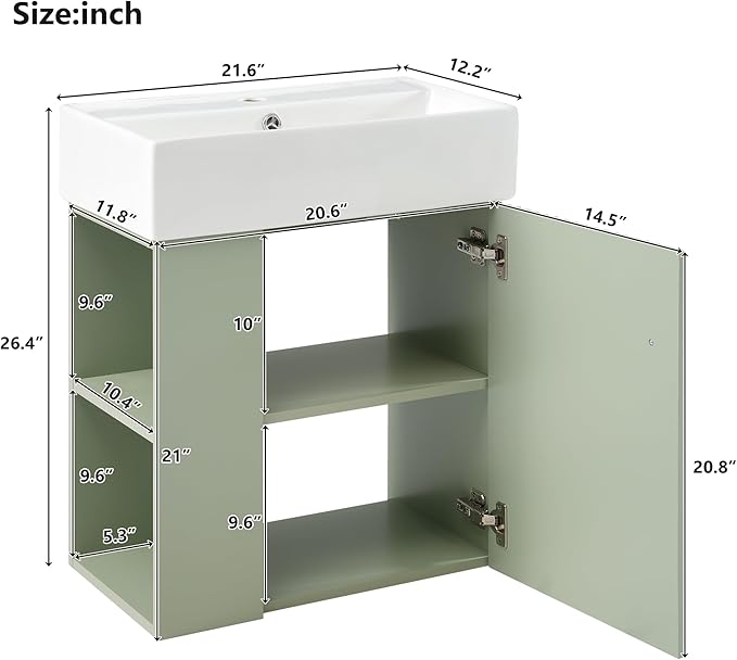 BNSPLY 22 Inch Floating Bathroom Vanity with Sink, Wall Mounted Bathroom Vanity Cabinet with Ceramic Sink, Modern Single Basin Vanities, Small Restroom Basin Cabinet with Left Side Storage, Green