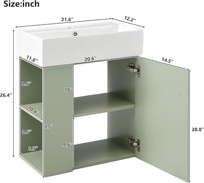 Harper & Bright Designs 21.6" Bathroom Vanity with Sink, Wall-Mounted Single Basin Vanity Set with Cabinet & Two-Tier Left Side Storage Shelf, Storage Cabinet with Ceramic Basin for Bathroom, Green