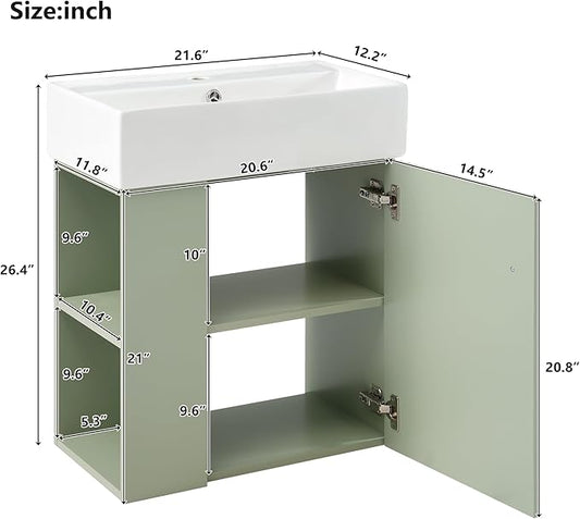 Harper & Bright Designs 21.6" Bathroom Vanity with Sink, Wall-Mounted Single Basin Vanity Set with Cabinet & Two-Tier Left Side Storage Shelf, Storage Cabinet with Ceramic Basin for Bathroom, Green