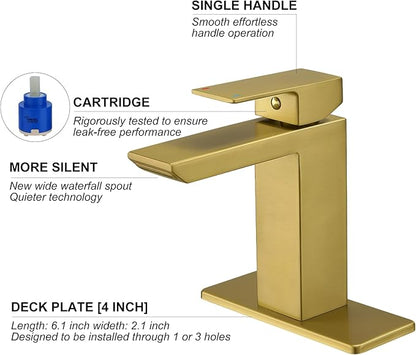 RUMOSE Brushed Gold Bathroom Faucets Set with Pop Up Drain Single Handle Bathroom Sink Faucet 1 & 3 Hole Waterfall Spout Vanity Faucet Kit with Deck Plate RV Lavatory Basin Faucet, Stainless Steel