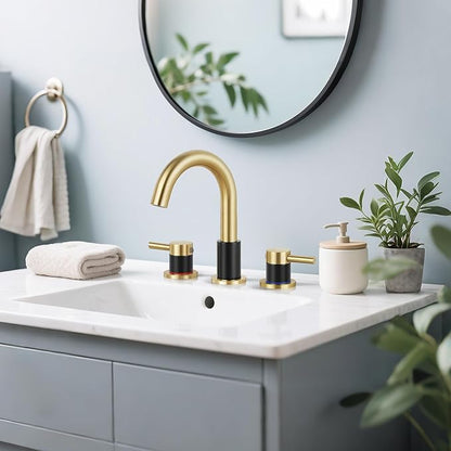 Bathroom Faucet 3 Hole, Brushed Gold and Black Bathroom Sink Faucet with Pop Up Drain, 8 inch Widespread Bathroom Faucet with 360° Swivel Spout, 2 Handle Vanity Faucet with Water Supply Hoses