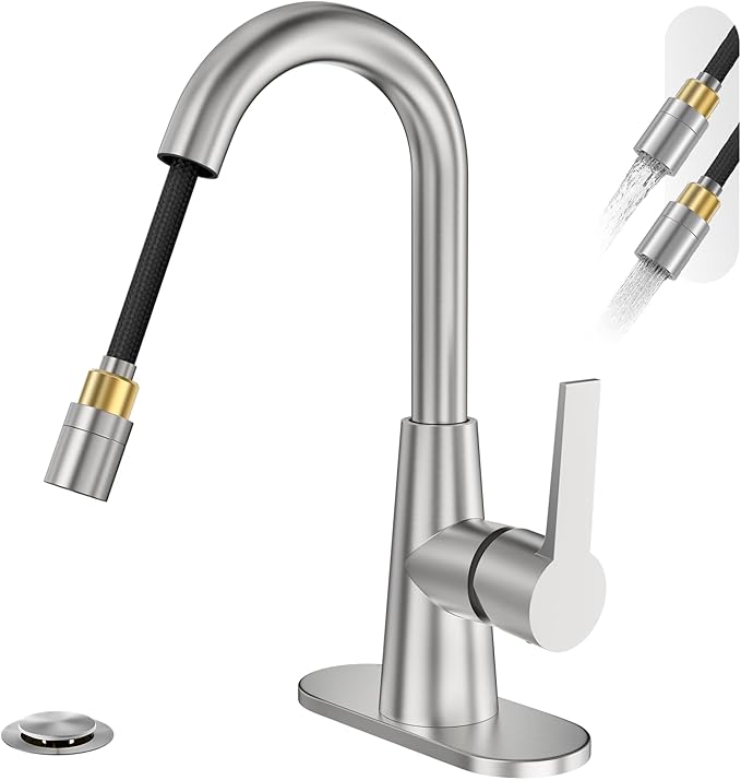 Tall Bathroom Faucets with Pull Down Sprayer, Brushed Nickel High Arc Single Handle Pull Out Faucet, 1 or 3 Hole Utility Sink Laundry Bar Faucet Pull Out with Deck Plate WE10CL-ZY-BN