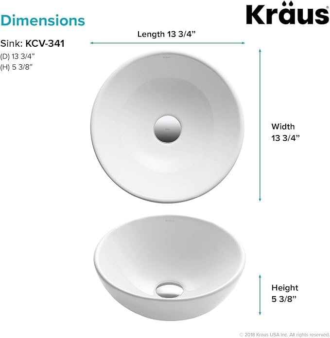 KRAUS Elavo Round Vessel White Porcelain Ceramic Bathroom Sink, 14 inch KCV-341