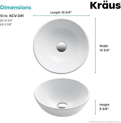 KRAUS Elavo Round Vessel White Porcelain Ceramic Bathroom Sink, 14 inch KCV-341