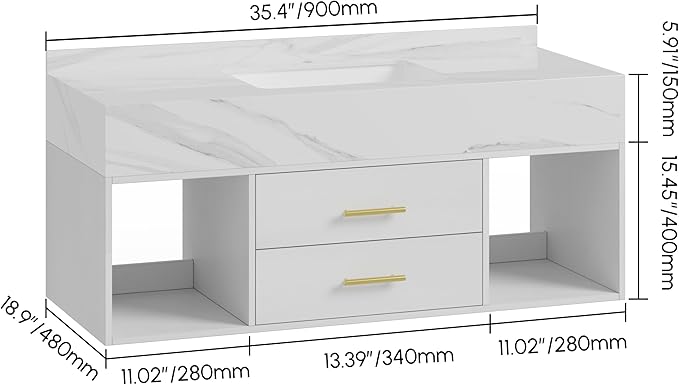 KunMai 35.4" White Floating Bathroom Vanity with Sink – Modern Wall Mounted Bathroom Cabinet with Sintered Stone Countertop, Soft-Close Drawers, Space-Saving Vanity for Small Bathrooms