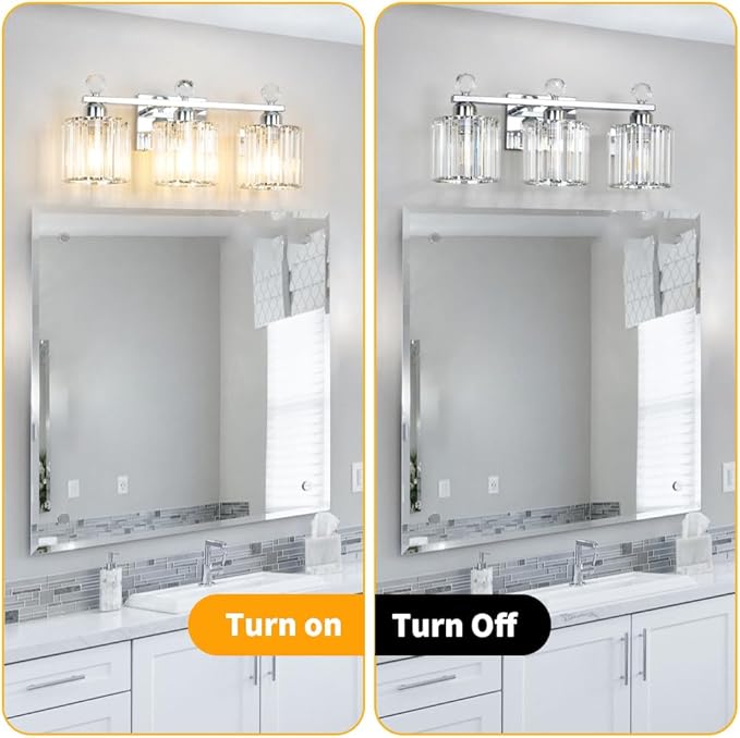 Modern Crystal Bathroom Vanity Light, 3-Lights Bathroom Light Fixtures, Chrome Vanity Light Fixtures over Mirror, Easy Installation & Dimmable Lighting, Crystal Wall Light Fixtures for Bathroom