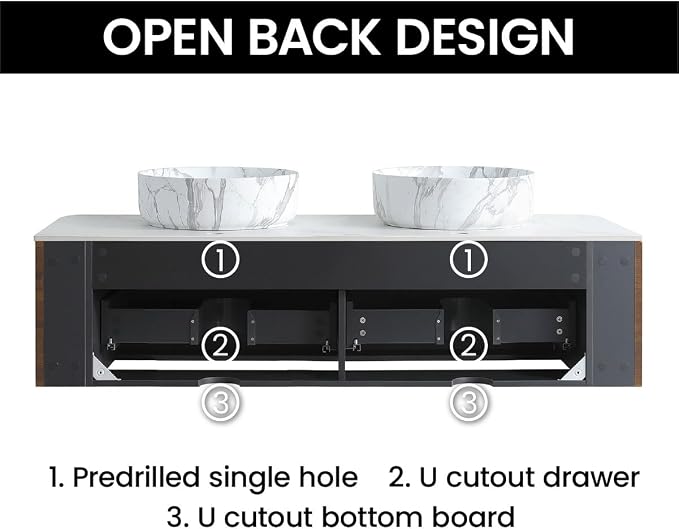 60" Preassembled Double Floating Bathroom Vanity with Carrara Sink, Walnut | Mid-Century Modern Style, Fluted & Soft-Close Drawer with U-shaped Wall, Sinterted Stone Countertop, Towel Rack Included