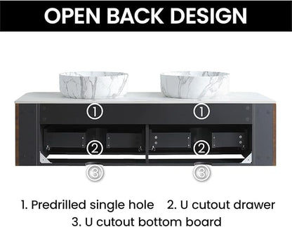 60" Preassembled Double Floating Bathroom Vanity with Carrara Sink, Walnut | Mid-Century Modern Style, Fluted & Soft-Close Drawer with U-shaped Wall, Sinterted Stone Countertop, Towel Rack Included