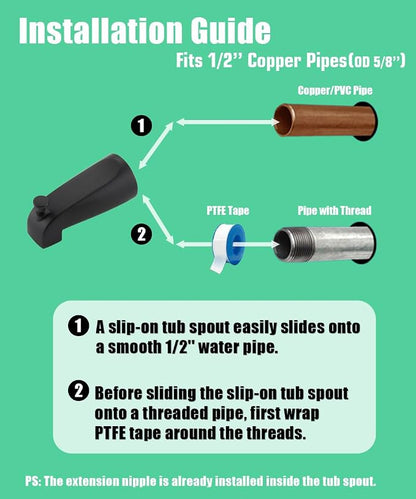 Tub Spout with Diverter, Slip On Bathtub Spout Fits 1/2'' Copper Tube(5/8'' Dia), Bathroom Tub Faucet with PTFE Tape & Hex Wrench, Matte Black