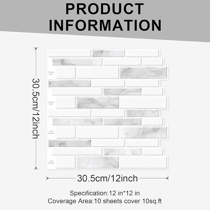 10 Sheets Peel and Stick Backsplash, 12"x12" Peel and Stick Tiles, Marble Look Wall Tiles Backsplash for Kitchen and Bathroom, Livingroom,White and Gray