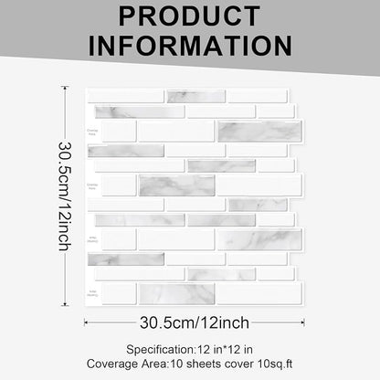 10 Sheets Peel and Stick Backsplash, 12"x12" Peel and Stick Tiles, Marble Look Wall Tiles Backsplash for Kitchen and Bathroom, Livingroom,White and Gray