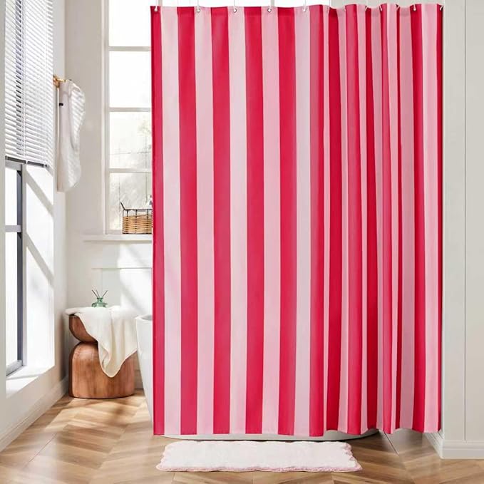 Ohocut Vertical Striped Shower Curtain, Cute Retro Vintage Stripe Farmhouse Bathroom Shower Curtain, Waterproof Polyester Fabric Modern Shower Curtain for Bathroom 72x72 Inches (Double Pink)