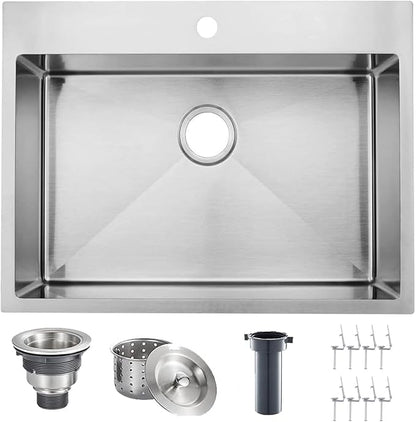 VAPSINT 22x18 Inch Drop In Kitchen Sink, 22 Inch 16 Gauge T304 Stainless Steel Topmount Small Kitchen Bar Sink, Handmade Single Bowl Outdoor RV Laundry Utility Prep Sink with Basket Strainer