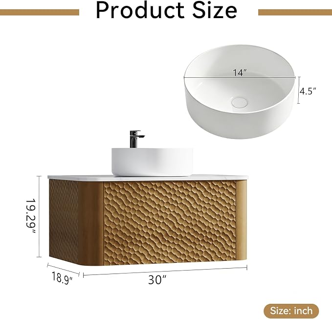 30 Inch Modern Bathroom Vanity with Ceramic Sink, Floating Bathroom Vanity Cabinet with Sintered Stone Top&Solid Wood Hammered Frame, Single Sink Bathroom Vanities w/Soft-Close Drawers,Natural
