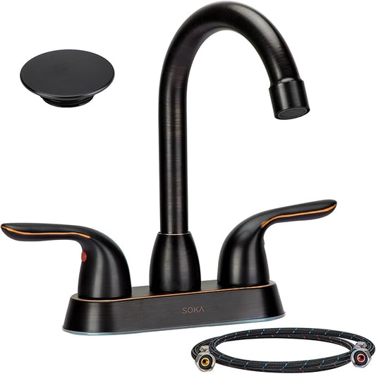 Bathroom Sink Faucet for 3 Hole, 4 Inch Stainless Steel Faucet for Bathroom, Bathroom Faucets with Deck Plate & Pop-Up Pop-Up Drain Assembly 2-Handle Faucet for Bathroom Sink Vanity RV Restroom