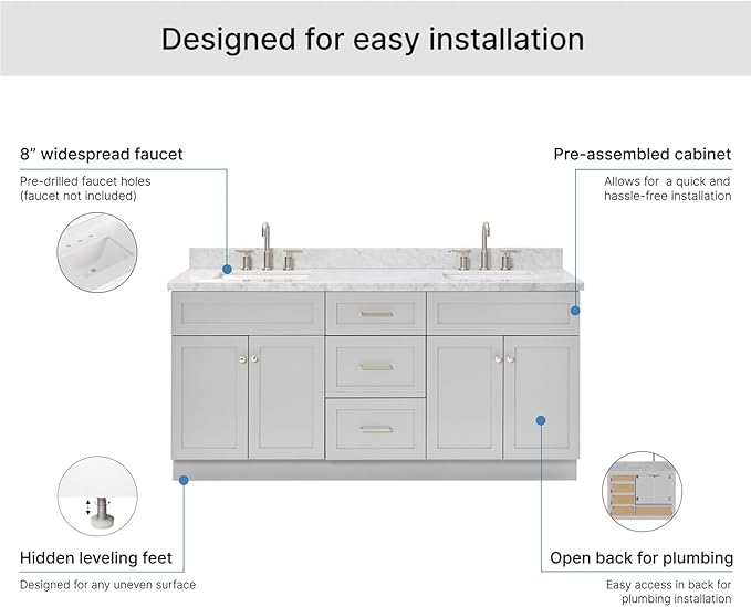 ARIEL Hamlet 72-inch Bathroom Vanity with Sink,Solid Wood, 1.5-inch Italian Carrara Marble Countertop & Backsplash, Double Rectangular Porcelain Sink, 4 Soft Closing Doors, 3 Dovetail Drawers, Grey
