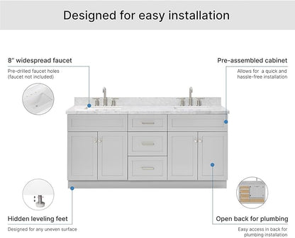 ARIEL Hamlet 72-inch Bathroom Vanity with Sink,Solid Wood, 1.5-inch Italian Carrara Marble Countertop & Backsplash, Double Rectangular Porcelain Sink, 4 Soft Closing Doors, 3 Dovetail Drawers, Grey
