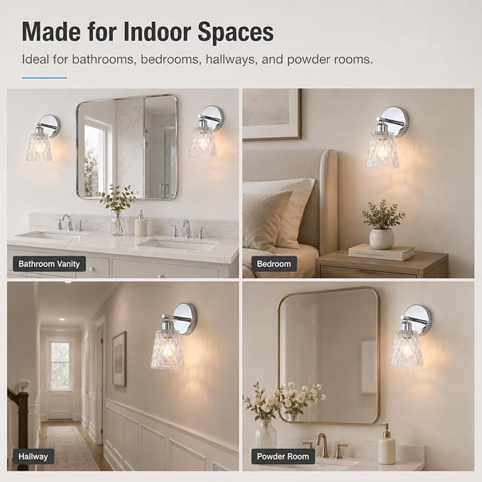 Chrome 1 Light Bathroom Vanity Lights, 2 Pack, with Textured Glass Shades, E26 Sockets, Bathroom Light Fixtures Over Mirror, Modern Lighting Fixtures Wall Lamp Vanity Lights