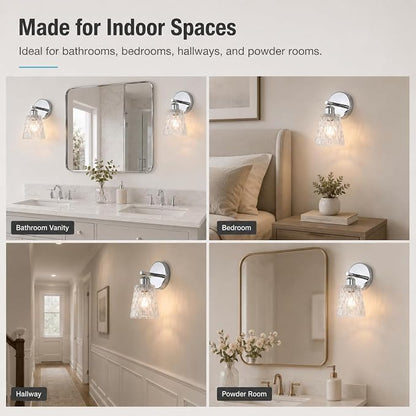 Chrome 1 Light Bathroom Vanity Lights, 2 Pack, with Textured Glass Shades, E26 Sockets, Bathroom Light Fixtures Over Mirror, Modern Lighting Fixtures Wall Lamp Vanity Lights