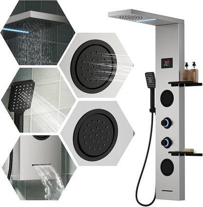 5 in 1 Brushed Nickel Shower Panel Tower System With Storage Shelf, 304 Stainless Steel Shower Tower with Rainfall Shower Handheld and Tub Spout, Powerful Body Jets, Wall-Mounted Shower Set