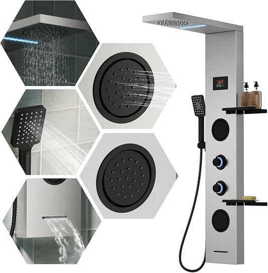 5 in 1 Brushed Nickel Shower Panel Tower System With Storage Shelf, 304 Stainless Steel Shower Tower with Rainfall Shower Handheld and Tub Spout, Powerful Body Jets, Wall-Mounted Shower Set