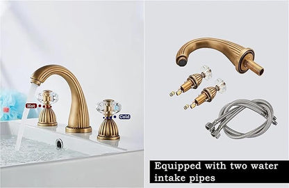 Antique Brass Bathroom Faucet Gold Three Holes Widespread Crystal Handle Bathroom Sink Faucets Retro Vintage Lavatory Vanity Faucet