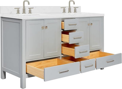 ARIEL Cambridge 60-inch Bathroom Vanity with Sink,Solid Wood, 1.5-inch Carrara White Quartz Countertop, Double Rectangular Porcelain Sink, 4 Soft Closing Doors, 6 Dovetail Drawers, Grey