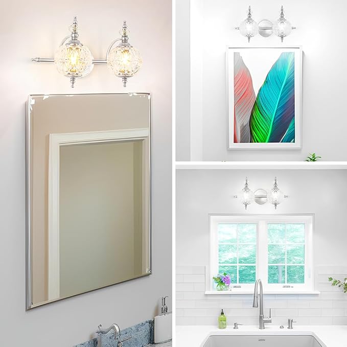 Brushed Nickel Bathroom Vanity Light Fixture Vintage Style - 2 Light G9 Bulb Compatible, 17" Wide Bathroom Lighting Over Mirror with Hand-Etched Glass Shades, Easy Mount for Makeup Area