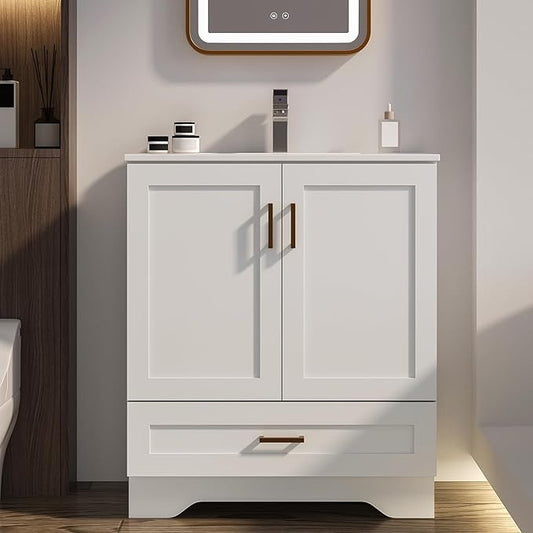 30 inch Bathroom Vanity with Sink, Modern White Vanity for Bathroom with Undermount Ceramic Sink, Freestanding 2-Door & 1-Drawer Storage Cabinet, for Small Bathroom Space, (White, 30")