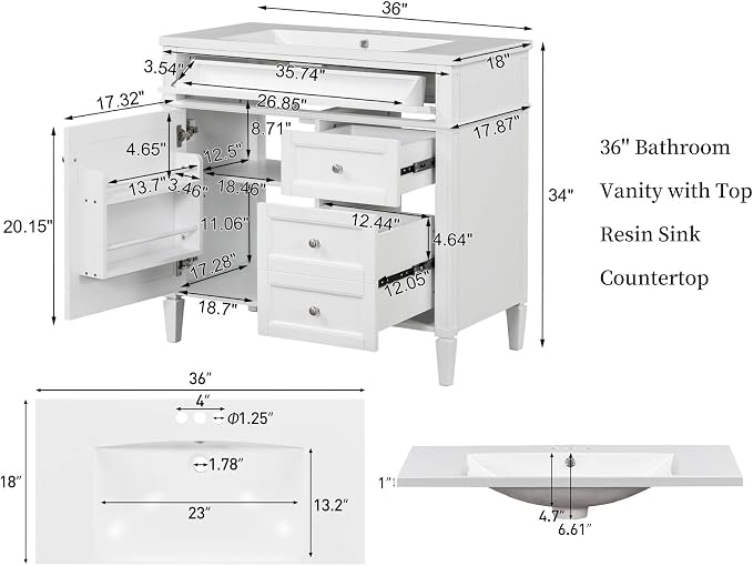 36'' Bathroom Vanity with Top Single Resin Sink Countertop Combo, Solid Wood Frame Modern Organizer Storage Cabinet, Tip-Out Drawer, Soft Closing Doors, Free Standing, White
