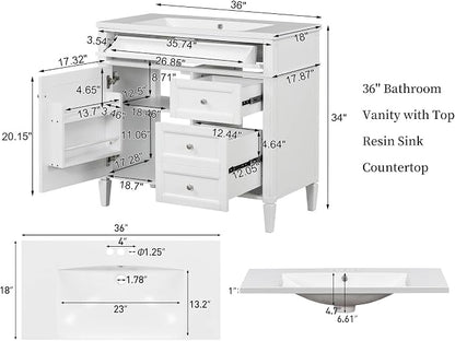 36'' Bathroom Vanity with Top Single Resin Sink Countertop Combo, Solid Wood Frame Modern Organizer Storage Cabinet, Tip-Out Drawer, Soft Closing Doors, Free Standing, White