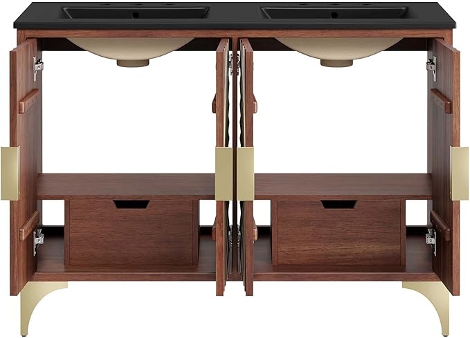 Modway Daylight Bathroom Vanity Cabinet with Ceramic Basin, 48" Double Sink, Black Walnut