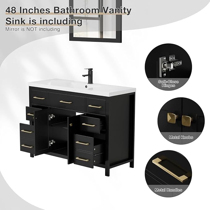LUCKWIND 48" Modern Bathroom Vanity with Sink Combo, Contemporary Painted Storage Cabinet and Single White Sink, Include Soft-Closing Doors & Matte Black Faucet, Black