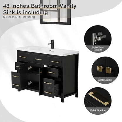 LUCKWIND 48" Modern Bathroom Vanity with Sink Combo, Contemporary Painted Storage Cabinet and Single White Sink, Include Soft-Closing Doors & Matte Black Faucet, Black