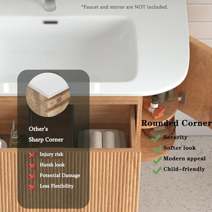 36'' Floating Bathroom Vanity with Sink, Wall Mounted Modern Bathroom Cabinet W/Curved Edges Stripes, Oak & Plywood, Pre-Assembled with Integrated Ceramic Basin – Havana, Natural Oak