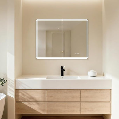 Buruis 36'' x 32'' Medicine Cabinet with Lights and Mirrors, Recessed or Wall Mounted Modern Bathroom Cabinet with 3-Mode Light, Anti-Fog, Dimmable, Memory Function, Outlet, Silver
