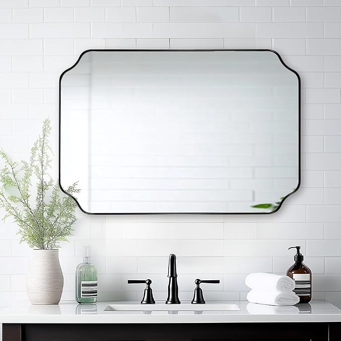 Matte Black Mirror 26x38 Inch, Scalloped Wall Mirror, Unique Rectangular Bathroom Mirror in Premium Stainless Steel Metal Frame 1’’ Deep, Hangs Vertically/Horizontally