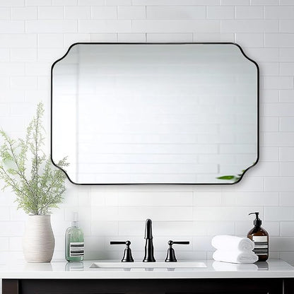 Matte Black Mirror 26x38 Inch, Scalloped Wall Mirror, Unique Rectangular Bathroom Mirror in Premium Stainless Steel Metal Frame 1’’ Deep, Hangs Vertically/Horizontally