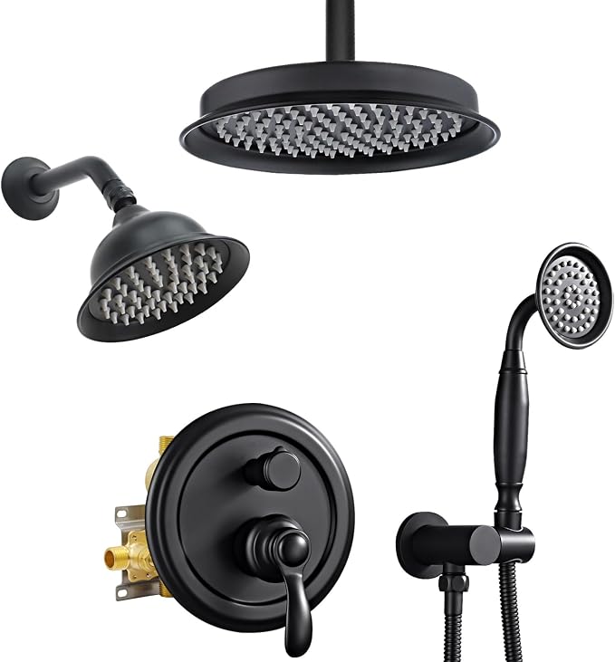 Dual Rain Shower Head System with Handheld Antique Faucet Set | Matte Black Finish, Multi-layer Plating, Vintage Rainfall, 3 Way Diverter Brass Valve with Trim Kit, Easy Install