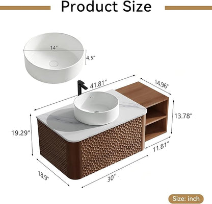 42 Inch Modern Bathroom Vanity with Ceramic Sink, Floating Bathroom Sink Cabinet with Sintered Stone Top&Solid Wood Hammered Frame, Single Bathroom Vanities w/Soft-Close Drawer&Side Open Cube