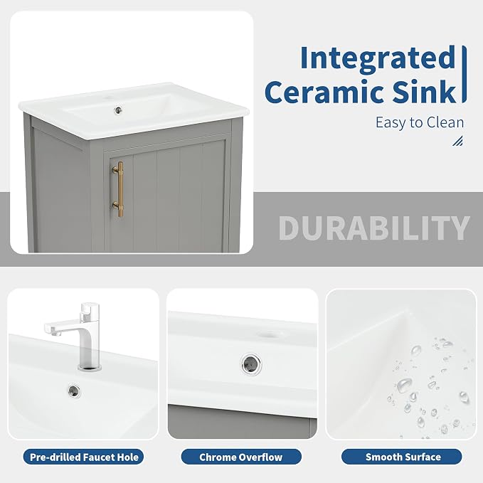 20" Bathroom Vanity Cabinet with Ceramic Sink Top Set, Freestanding, Two-Tier Storage Rack, Soft Closing Door, Grey