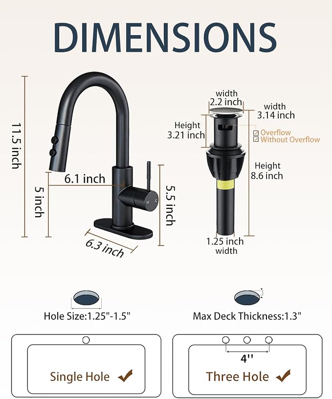 Bathroom Faucets with Pull Down Sprayer, Bar Sink Faucet Single Hole for Kitchen Campers with Pop-Up Drain Hose, Suitable for Farmhouse Vanity Lavatory