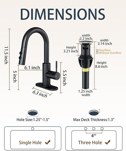 Bathroom Faucets with Pull Down Sprayer, Bar Sink Faucet Single Hole for Kitchen Campers with Pop-Up Drain Hose, Suitable for Farmhouse Vanity Lavatory