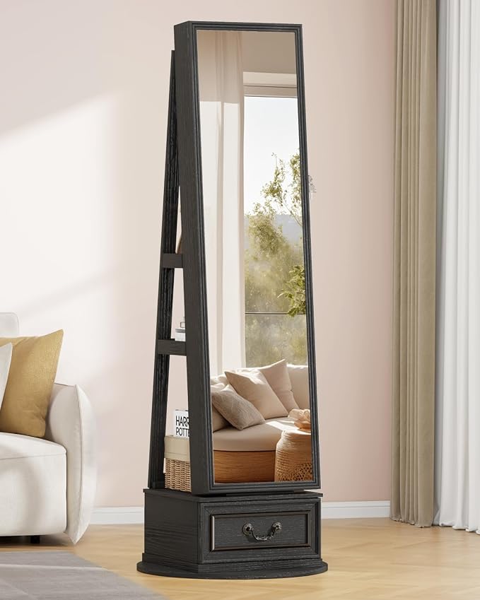 Vlsrka Mirror Jewelry Cabinet Standing with Lights, Lockable, Swivel, Black | Standing Jewelry Armoire with Full Length Mirror, Large Jewelry Organizer Storage with Foldable Makeup Shelf, 3 LED Lights