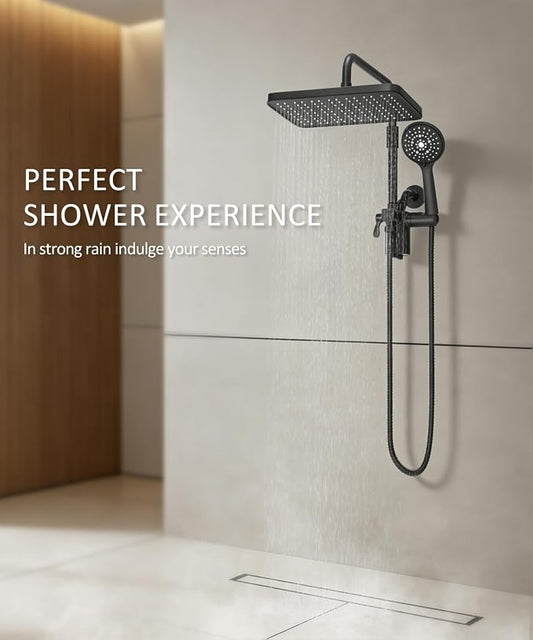12 Inch Shower Head with Filters Rain Shower Head with Handheld Spray Combo | Filtered Shower Heads with Handheld,High Pressure Rainfall Dual Showerhead,Adjust Height and Angle of Extension Arm,Black