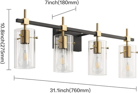 SOLFART Farmhouse Brass Bathroom Vanity Lights fixtures Over Mirror Vintage Bathroom Lighting Wall Sconce with Glass Shade 4 Lights